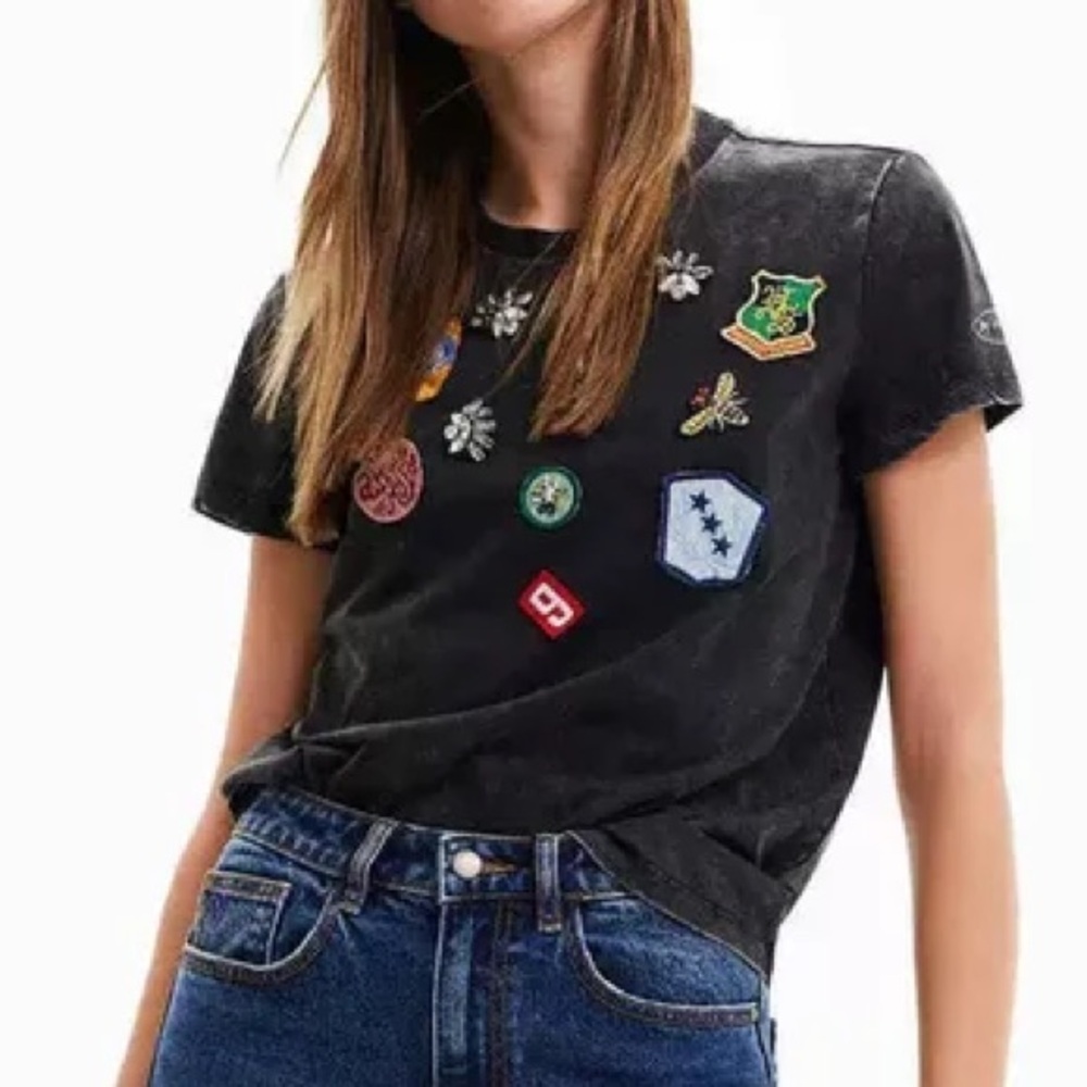 Desigual Black Tee with Embroidered Accents